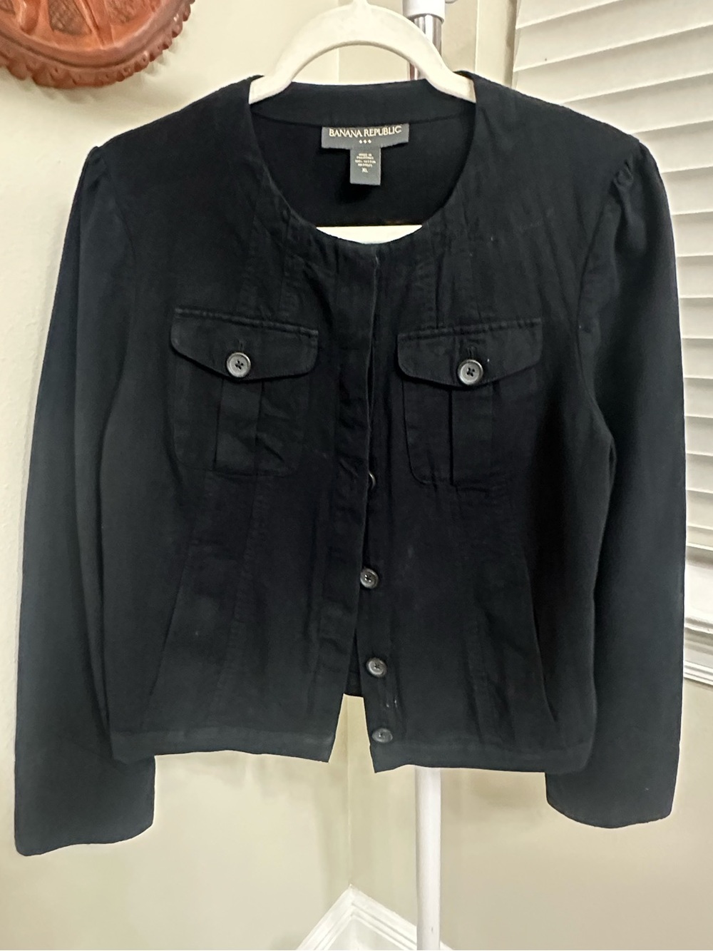 Banana Republic Women's Black Collarless Button Jacket,100% cotton, XL